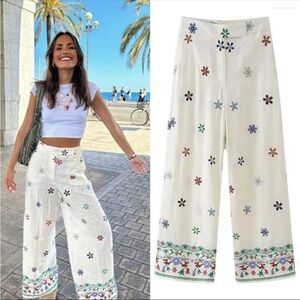 Zara Cream Wide Leg Pants with Boho Embroidery Size S